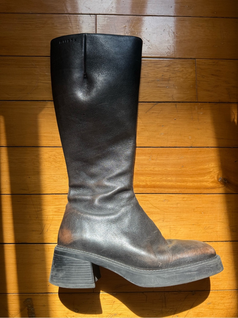 Miista Black Leather Mid-Calf Block Heel Boot